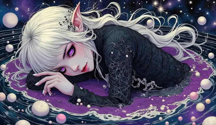 (A fusion of Ukiyo-e and dark fantasy. Aesthetic and gothic digital art. Draw a detailed face. Look away.) BREAK (Transparent white hair. Blunt bangs. White eyebrows. Long white eyelashes. Almond-shaped eyes. Lavender-colored eyes. Thick, dark eyeliner. Sm...