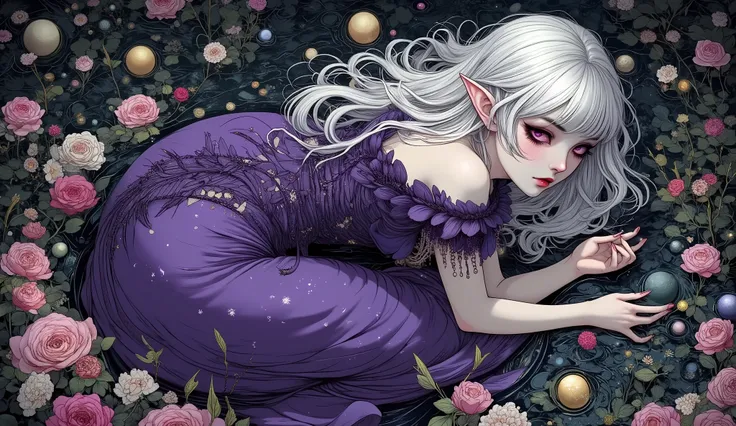 (A fusion of Ukiyo-e and dark fantasy. Aesthetic and gothic digital art. Draw a detailed face. Look away.) BREAK (Transparent white hair. Blunt bangs. White eyebrows. Long white eyelashes. Almond-shaped eyes. Lavender-colored eyes. Thick, dark eyeliner. Sm...
