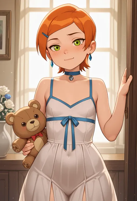 Gwen Tennyson . ginger . short hair . green eyes . flat breasts, flat chest, huge hips . slim body . choker . | Highest Quality、anime style、masterpiece、The girl God sleeps around the coffin、stuffed animals such as rabbits and bears line up and shed tears。...