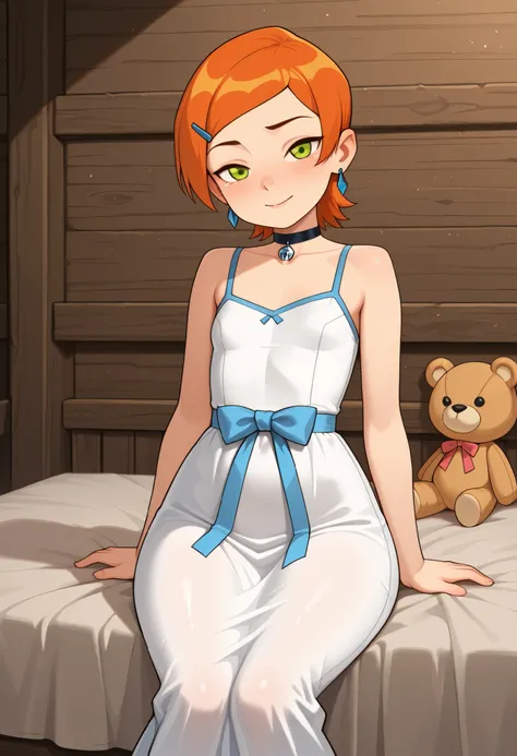 Gwen Tennyson . ginger . short hair . green eyes . flat breasts, flat chest, huge hips . slim body . choker . |  Highest Quality、anime style、masterpiece、The girl God sleeps around the coffin、stuffed animals such as rabbits and bears line up and shed tears。...