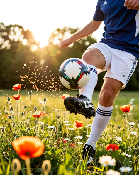Photorealistic dynamic action shot of an adult soccer player performing a powerful kick in a sun-drenched wildflower meadow at golden hour: waist-high poppies, daisies and meadow grasses scatter petals and pollen into the air as the ball is frozen mid-flight, warm volumetric backlight and rim light outlining the athlete and ball, visible sweat and skin texture, realistic fabric motion and dirt on cleats, crisp motion-freeze with ultra-sharp detail on muscles, ball texture and airborne petals, low-angle telephoto perspective (70–200mm look) for subject isolation and compressed background, shallow-to-medium depth of field with creamy bokeh, 1/2000s, f/2.8, ISO 400, high dynamic range, RAW, 8k — editorial sports + nature fusion, emotional and eye-catching, realistic only, photographic realism.