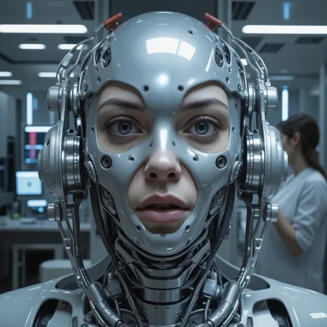 Masterpiece futuristic scene photo showcasing a humanoid figure with a highly reflective, metallic faceplate, emphasizing intricate details like embedded circuitry and expressive features. The character's large, expressive human eyes subtly gleam with an a...