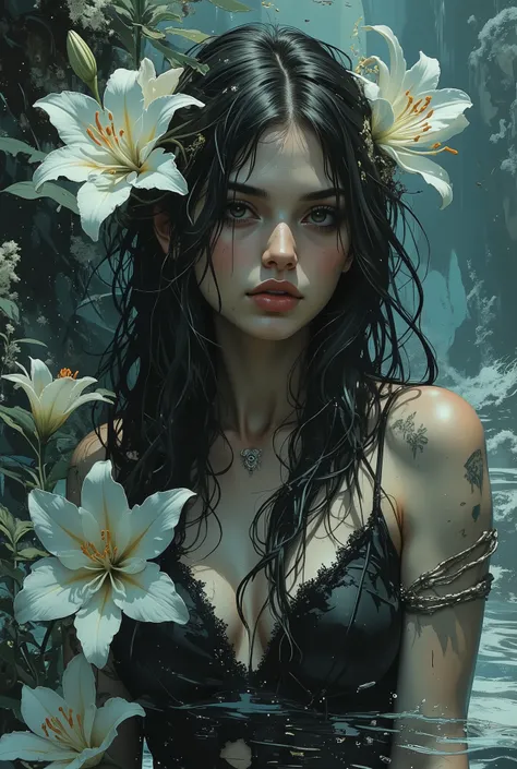 Stunning close-up of a girl embodying the beauty of a siren, with long loose hair that falls in an elegant cascade over her shoulders. She is wearing a small black dress that hugs her figure, emphasizing her grace and charm.Beautiful white lilies wrap arou...