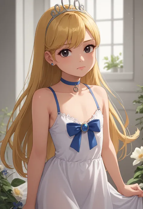 flat breasts. flat chest, skinny, huge hips, looking at viewer, 1o1a, blonde hair, tiara, Black eyes, earrings, necklace, choker. | Highest Quality、anime style、masterpiece、The girl God sleeps around the coffin、stuffed animals such as rabbits and bears line...