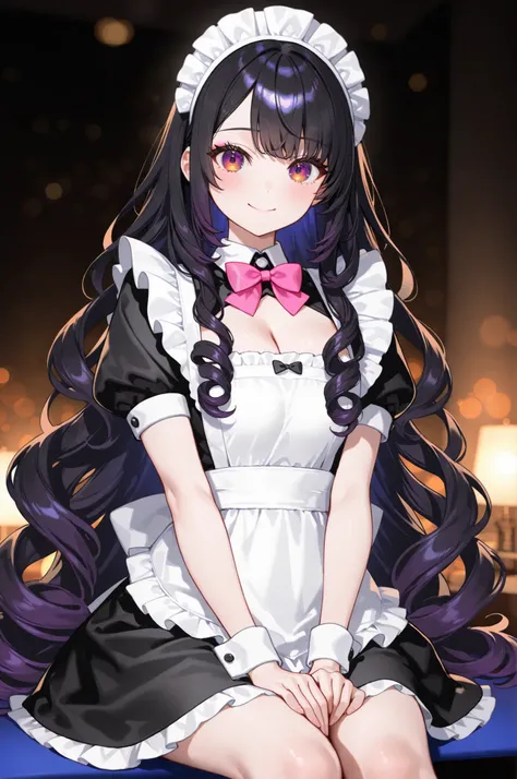 1 Girl、Are kawaii maid、Japanese Women、beautiful skin、long curly hair、big eyes、small mouth、sitting, Elegant and delicate、Wearing maid uniform、the hem of the skirt extends long、Accessories are ruffles and bow ties、The background is a maid cafe、the light is s...