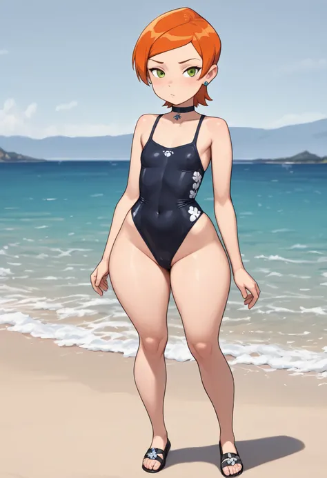 Gwen Tennyson . ginger . short hair . green eyes . flat breasts, flat chest, huge hips . slim body . choker . |  (full body shot, masterpiece, best_quality, ultra-detailed, immaculate:1.3), female focus, annoyance, looking at viewer, standing, hands at sid...