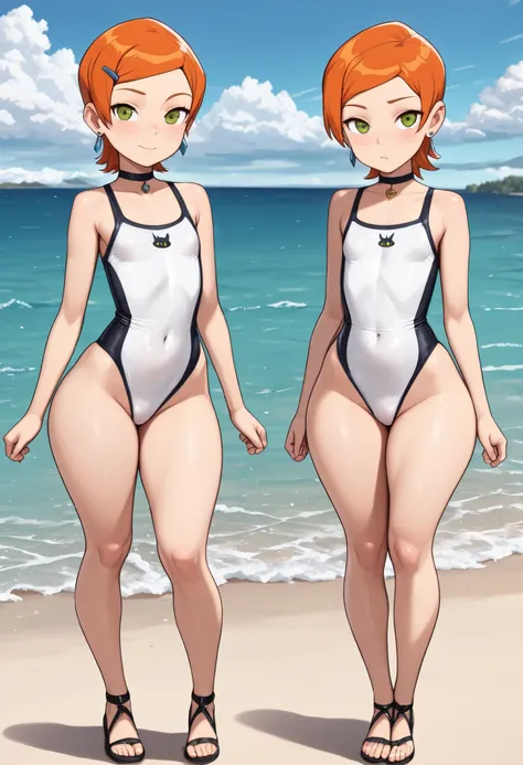 Gwen Tennyson . ginger . short hair . green eyes . flat breasts, flat chest, huge hips . slim body . choker . |  (full body shot, masterpiece, best_quality, ultra-detailed, immaculate:1.3), female focus, annoyance, looking at viewer, standing, hands at sid...