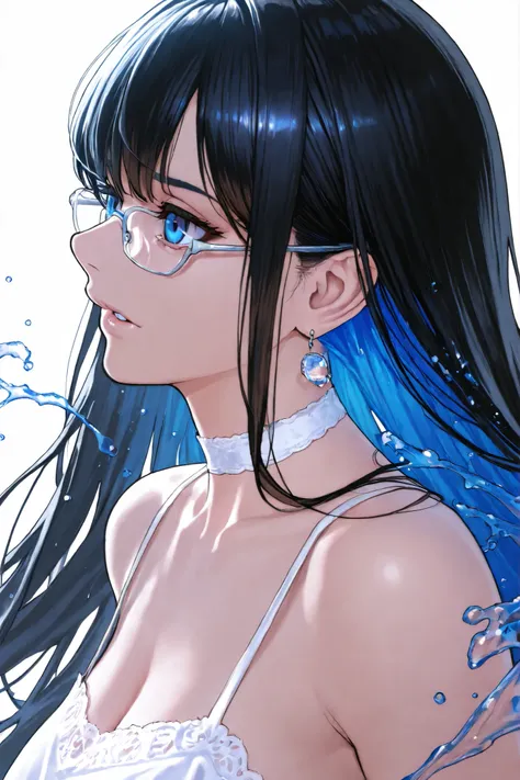   8K Wallpaper,  masterpiece,  Movie Lighting,  Highest Quality,  Painted in Louis Royo style ,  dramatic angle, ((Color: 1.1)), ((Color inner hair: 1.4)),  1 girl, Alone,  long hair, water,  blue eyes,  black-rimmed glasses,  choker,  broken lips, white  ...