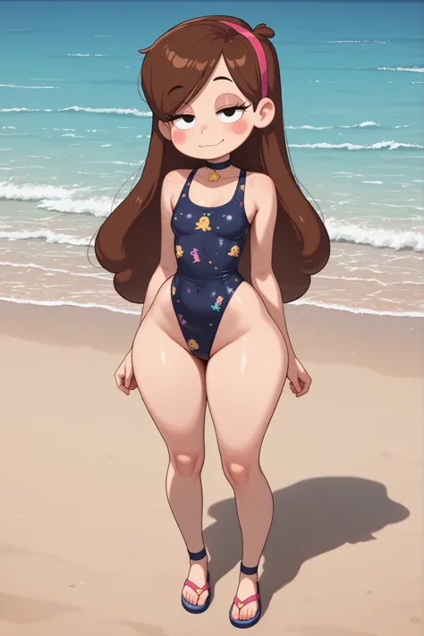 Mabel Pines, blush stickers, brown hair. black eyes. half-closed eyes, small breasts, huge hips. long eyelashes, choker. | (full body shot, masterpiece, best_quality, ultra-detailed, immaculate:1.3), female focus, annoyance, looking at viewer, standing, ha...