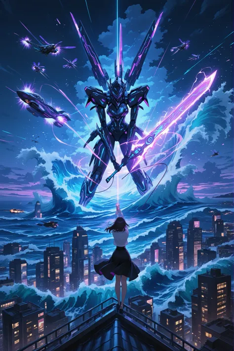 girl, huge giant cyber sword two-handed in hand, waves electric, on the roof, night view,  flying cars fly , outfit passionate, masterpiece, Best quality, Anime style, high-quality illustration, detailed, 