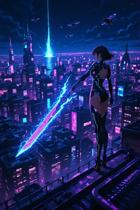 Sh1neon, girl, giant cyber sword in hand, waves electric, on the roof, night view,  flying cars fly , outfit passionate, masterpiece, Best quality, Anime style, high-quality illustration, detailed, 