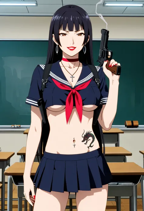 score_9, score_8_up, score_7_up, score_6_up, score_5_up, score_4_up, nao kadena, black hair, very long hair, bangs, brown eyes, makeup, lipstick, bangs, red choker, , earrings, nail polish, ,ear piercing, long hair, , lipstick,Hot girl, baddie, smoking, se...
