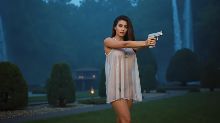 low angle view, a naked 19-year-old woman in a garden, waterfall, divine atmosphere, foggy, large-breast:1.1, (((side boob))), transparent:0.1 shift dress, slim:0.6 body, cold face, slim face, (aiming viewer with pistol), (((G-string micro panty))). backgr...