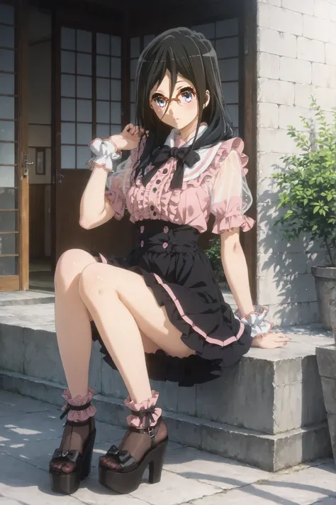 (((inspired by Asuka Tanaka:2.0))),((inspired by Kyoto Animation Style:1.5)),(masterpiece, best quality),beautiful, beautiful-woman, ((detailed face)).(full body:1.3).,
((black hair)), glasses, blue eyes, long hair, over-rim eye-wear,semi-rimless eye-wear...