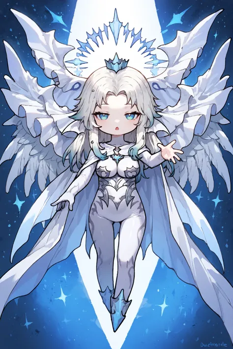 (masterpiece, detailed:1.2),in cosmic space,black hole,realm of darkness,
only 1 loli girl,chibi,solo,hydaelynffxiv,large breasts, colored skin, pale skin, white skin, halo, halo behind head, medium hair,white hair,veil, white bodysuit, white wings, cape, ...