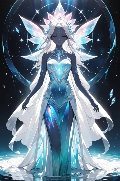 elegant lady in celestial gown, divine aura, artistic nude tastefully implied, deep sea color palette, 
ethereal crystal-like skin, sacred glow from within, divine purity, 