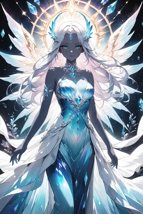elegant lady in celestial gown, divine aura, artistic nude tastefully implied, deep sea color palette, 
ethereal crystal-like skin, sacred glow from within, divine purity, 