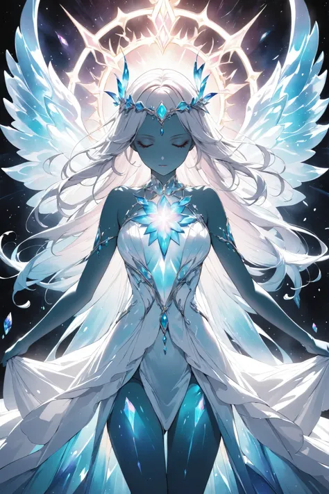 elegant lady in celestial gown, divine aura, artistic nude tastefully implied, deep sea color palette, 
ethereal crystal-like skin, sacred glow from within, divine purity, 