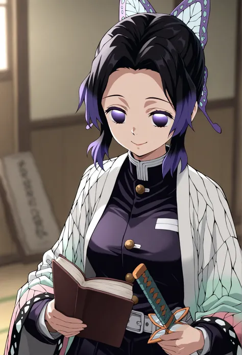 
 
eft_Tolerate, 1girl, Kochou Shinobu, Demon Slayer uniform, butterfly hair ornaments, solo, hair ornaments, Smile Yan,weapons, Sword, purple hair carrying a book, multi colored hair, purple eyes, black hair, Japanese Clothes, gradient hair, Haori, belt, ...