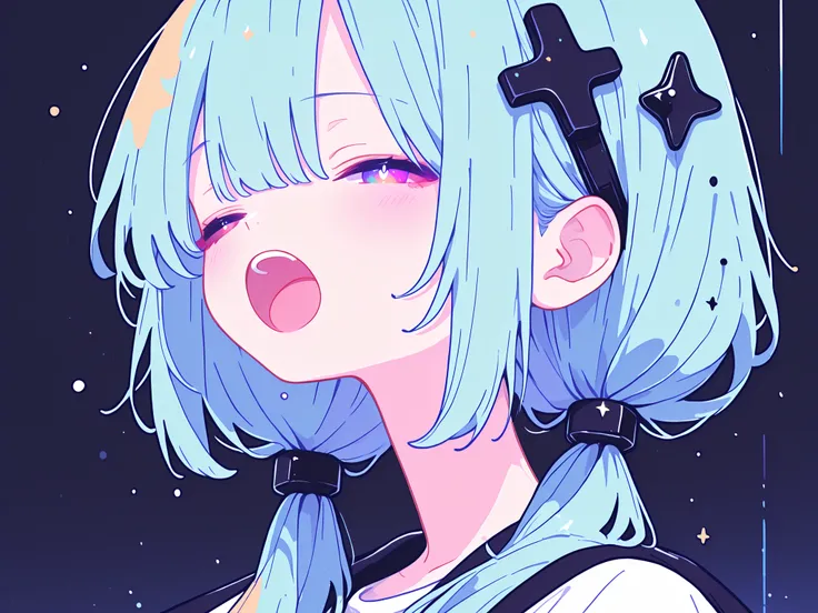 with mouth open, singing, eyes closed,.
寝顔, k4fu, diamond hair ornament, hair over shoulder, low twintails, multicolored eyes, white pupils, bright pupils,Vocaloid, Kafu, パーカー, 全身, 全体図, パーカーを着ている,