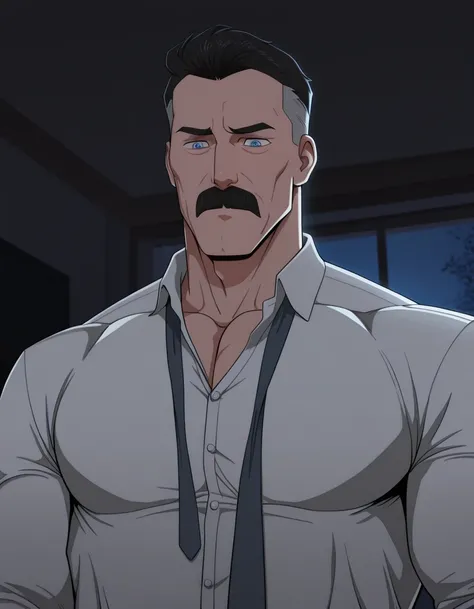 masterpiece, best quality, amazing quality, OmnimanIL, 1boy, solo, black hair, short hair, blue eyes, male focus, mature male, mustache, frown, tired, huge and muscular, loose white shirt, loose tie, flying, living room background, night, from the front, upper body shot, high res, detailed