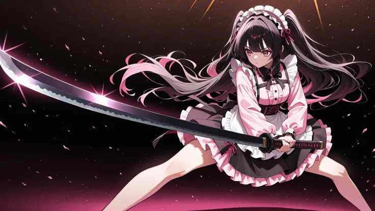 Landmine Concafe Girl、1 girl、 Gothic Lolita Style Maid Outfit(Pink Blouse、Black Flare Skirt、Frilled White Apron)、pink eyeshadow、voluminous lashes、 long black hair、double sided up hairstyle、Her hair is fluttering in the wind、( long Japanese sword 、 long ...