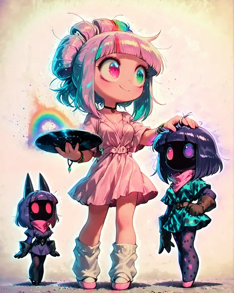 front angle, (masterpiece, 4k, detailed image, vivid colors, retro atmosphere), {chibi}:(a beautiful woman, hair in a rebellious/messy hairstyle painted with a rainbow, wearing vintage clothes: a long pink dress with black polka dots, a pink scarf tied aro...