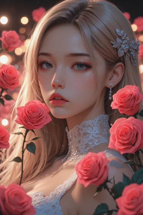 Portrait of a Beautiful Angel Surrounded by Roses, One Side of the Roses, Surrounding roses, Sexy, Young, Big Bust Woman, close-up shot, 4K High Definition, photo-like realism, HDR, Studio Lighting, Deep Focus, Professional, bright colors,  bokeh effect 