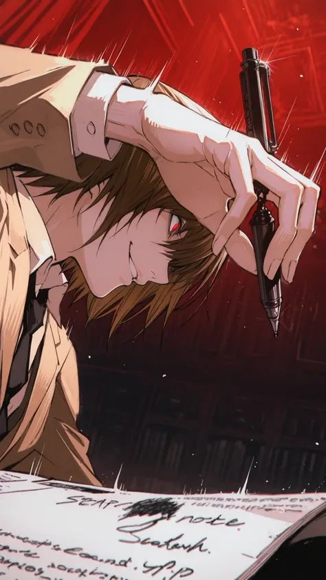 (score_9,score_8_up,score_7_up) LIGHT YAGAMI, DEATH NOTE, 1 MAN, EVIL SMILE ,), ,,extremely detailed,dynamic lighting,best quality,,,best quality,high quality,, , dynamic angle, , thick thighs, motion lines,, , solo, perfect eyes,,DETAIL,MASTERPIECE,,Expre...