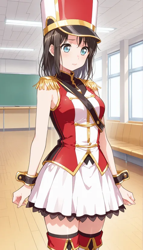 score_9, score_8_up, score_7_up, source_anime,solo, 1girl,<lora:Misaki_Okusawa:1>,Misaki Okusawa, ,kokorohhw, hhw skirt, hhw band uniform, hhw wrist cuffs, hhw thigh boots,small breast, rouge lips , standing , live waiting room, embarrassing, from front, c...