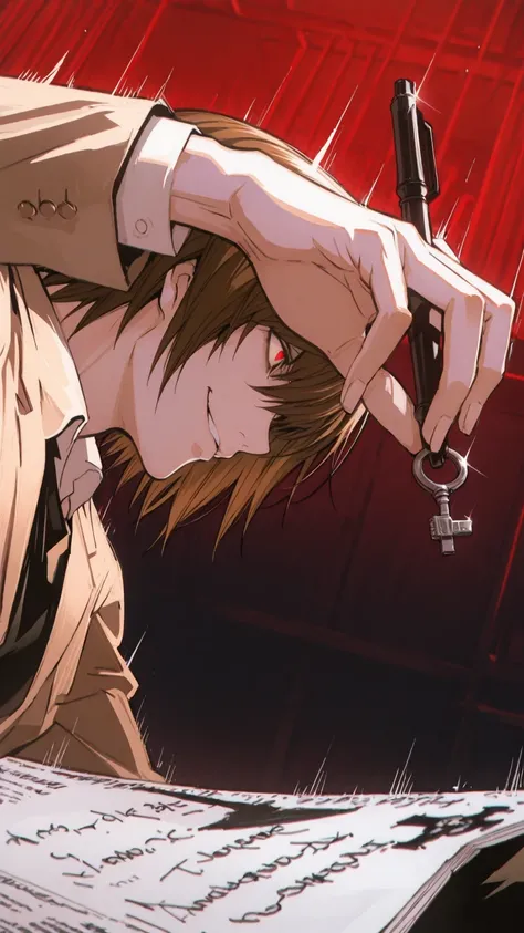 (score_9,score_8_up,score_7_up) LIGHT YAGAMI, DEATH NOTE, 1 MAN, EVIL SMILE ,), ,,extremely detailed,dynamic lighting,best quality,,,best quality,high quality,, , dynamic angle, , thick thighs, motion lines,, , solo, perfect eyes,,DETAIL,MASTERPIECE,,Expre...