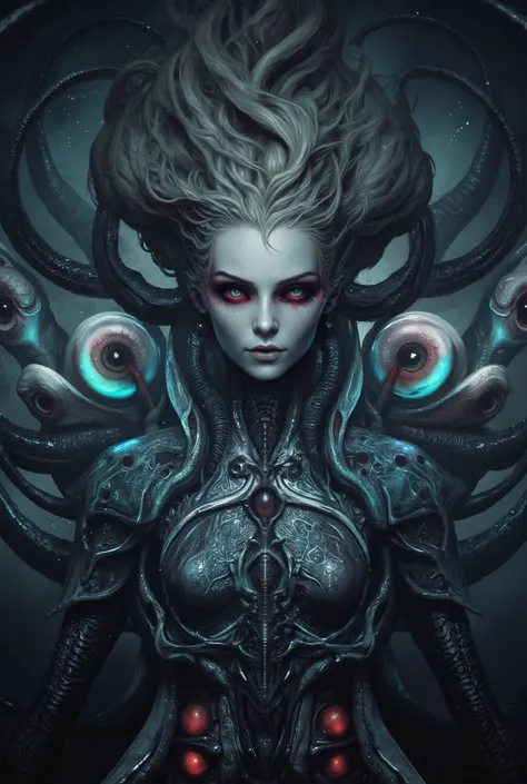 (photos realistic:1.7), (1 beautiful and erotic female alien:1.4), (There is a female genital-like organ in the middle of her forehead:1.95), She has medusa-like hair, (there are lots of translucent tentacles from her head like her hair:1.5), wearing kimo...
