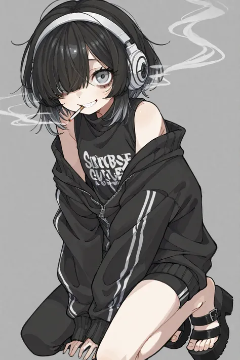 one girl、Composition showing the whole body、dark haired、Bob hair below shoulders、hair tips trimmed、left eye hidden by long bangs、hair over one eye、Silver inner color、grey eyes、Triple Eye、dark circles under eyes、long lashes and lower lashes、black jersey wit...