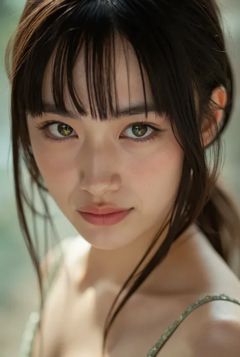 Beautiful woman with high iridescent green eyes, laughing happily, cian hair, happy Expression Beautiful Woman with Elegant and Modest Expression, eyes tinged with melancholy, Delicate Faces, looks glad, Hime cut, bangs, Premium High Quality, Photographer...