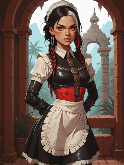 Drawn like the artist Bob Kehl. The indiginous (Inca) girl has white and dark hair, red-coloured eyes, with sharp teeth, athletic body and abs. White highlights in her braid. She wears shiny Aztec leather outfit with snakeskin-texture. She has small breast...