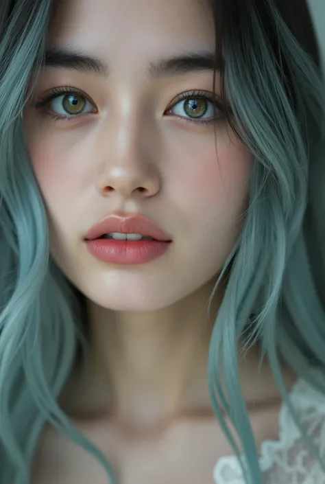 Beautiful woman with high iridescent green eyes, laughing happily, cian blue hair, happy Expression Beautiful Woman with Elegant and Modest Expression, eyes tinged with melancholy, Delicate Faces, looks glad, Hime cut, bangs, Premium High Quality, Photogr...