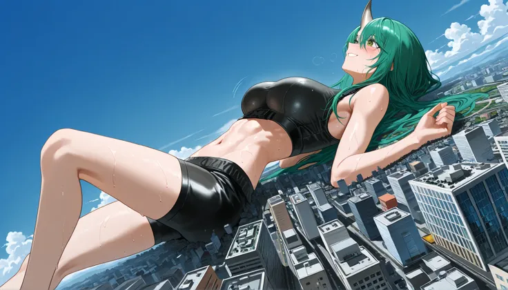 (1girl: 1.1), (closeup breasts: 1.4), (skinny), (sky background: 1.1), (macro size: 1.5), below view, (platform in front of a giantess breasts: 1.1), (happy), (happy cute), (macro size: 1.1), blush, lying down, giantess, hoshiguma (arknights), sportsbura, ...