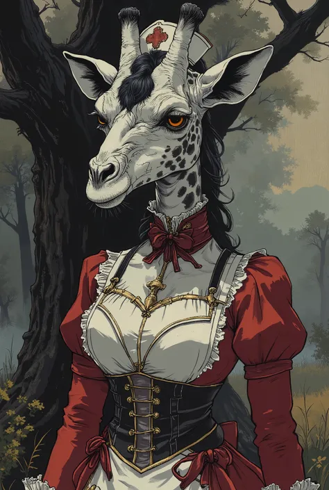 araffe dressed in a red and white costume standing in front of a tree, close - fitting nurse costume, nurse costume, very sexy devil outfit, nurse girl, alluring and terrifying, high quality costume, macabre w- 768, nurse, unusual, nurse uniform, sweet, hi...