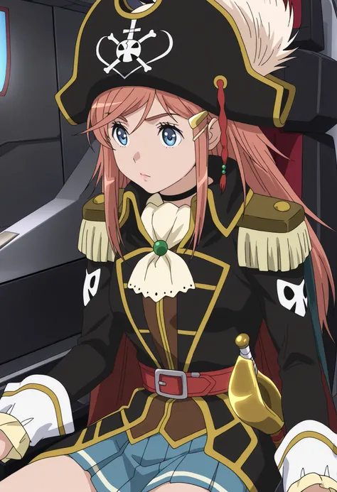 masterpiece, best quality, very aesthetic, absurdres, 1girl, solo,
Kato_Marika, marika_pirates1, brown hair, long hair, blue eyes, hairclip,
pirate, pirate hat, hat feather, multicolored cape, red cape, black cape, epaulettes, black choker, white ascot, re...