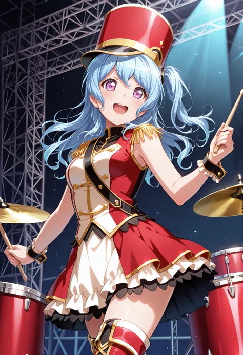 score_9, score_8_up, score_7_up, source_anime,Matsubara Kanon,adult style ,long hair, hair between eyes,green hair band,purple eyes, blue hair, light blue hair, one side up, red costume ,kokorohhw, hhw skirt, hhw shako cap, hhw band uniform, hhw wrist cuff...