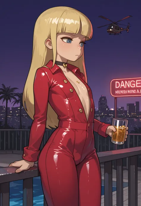 Pacifica Northwest, flat breasts, flat chest, skinny, huge hips, long hair, blonde hair, choker , | GTA tyle: Tony Montana, in his early 40s with olive skin, stands confidently on the balcony of a lavish Miami mansion at night, city lights flickering in t...