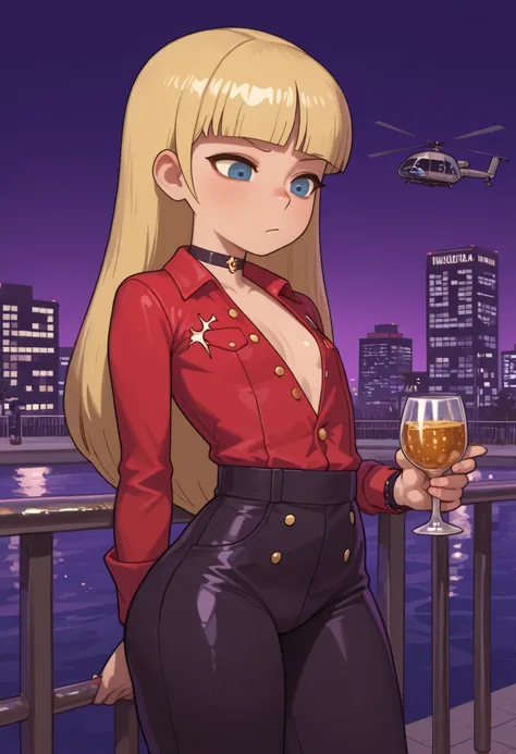 Pacifica Northwest, flat breasts, flat chest, skinny, huge hips, long hair, blonde hair, choker , | GTA tyle: Tony Montana, in his early 40s with olive skin, stands confidently on the balcony of a lavish Miami mansion at night, city lights flickering in t...