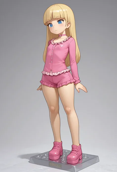 Pacifica Northwest, flat breasts, flat chest, skinny, huge hips, long hair, blonde hair, choker , | score_9, score_8_up, score_7_up, faux figurine, nendoroid, full body, figure, platform, solo, Anime, 1girl, masterpiece, best quality, high quality, high r...