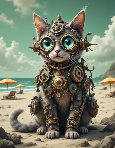 A detailed digital painting featuring a cat with mechanical components and large, round eyes, adorned with intricate metal gear, sitting on a beach with distant umbrellas, beneath a green-tinted sky, evoking a whimsical steampunk charm with mechanical intr...