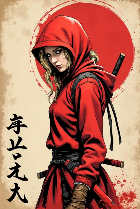 Young western ninja. She looks down seriously. Red ninja mask on her face. vista de frente. The body is effectively curved. seios pequenos. Shoulders are thrown back. The arms are loosely lowered along the body. The head is slightly turned towards the obse...