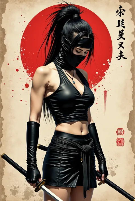 Young Asian ninja woman. She looks down seriously. Black leather ninja mask on the face. vista de frente. The body is effectively curved. seios enormes. corpo voluptuoso, forte. Shoulders are thrown back. The arms are loosely lowered along the body. The he...