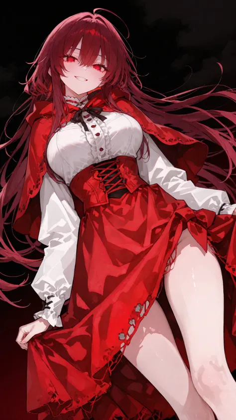 girl,dark red hair,in red eyes,long hair,Little Red Riding Hood,White Long Sleeve Shirt,Ragged skirt,smile,long legs,sky background,Ahoge,Tall, Big breasts,slim,smile,Grit your teeth,smileกว้าง,Black Background,Dark,high view,