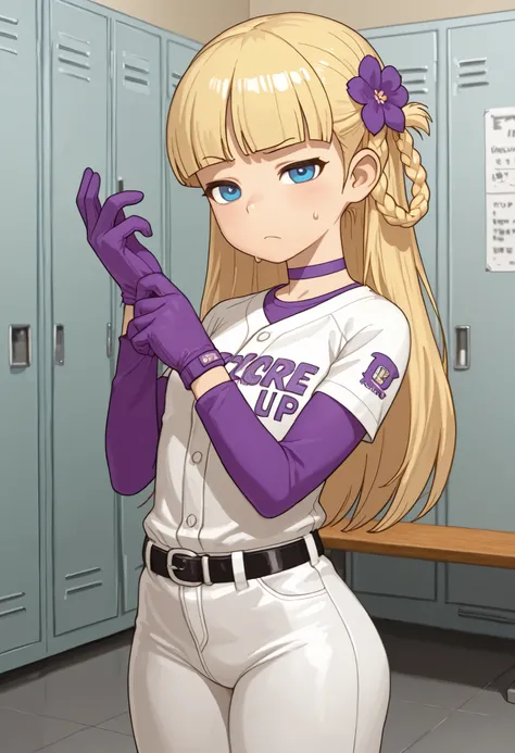 Pacifica Northwest, flat breasts, flat chest, skinny, huge hips, long hair, blonde hair, choker , | score_9, score_8_up, score_7_up, faux figurine, nendoroid, full body, figure, platform, solo, Anime, 1girl, masterpiece, best quality, high quality, high r...