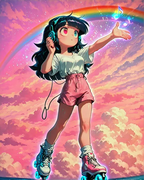 front angle, (masterpiece, 4k, detailed image, vivid colors, retro atmosphere), {1woman}: (a beautiful woman, loose, unruly/messy hair with a rainbow, eyes with heterochromia: one blue, the other red, wearing vintage clothes: white t-shirt tucked into shor...