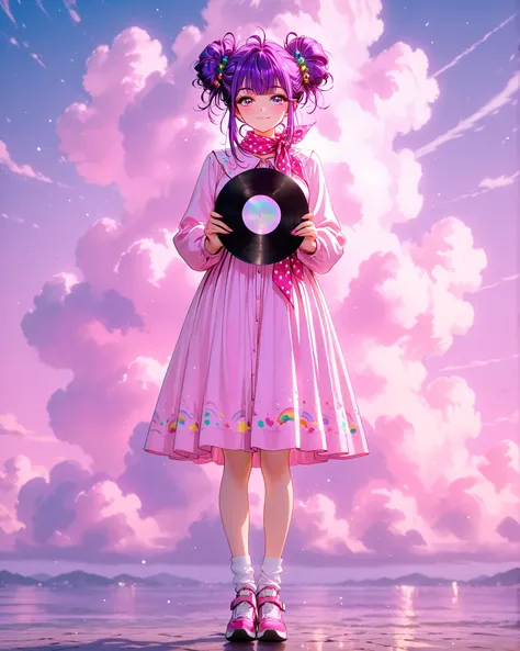   front angle, (obra-prima, 4k, imagem detalhada, cores vivas,  retro atmosphere ), {[1mulher}:(uma linda mulher, In a rebel/messy hairstyle painted with a rainbow, Wearing vintage clothes: a long pink dress with black polka dots, a pink scarf tied around ...